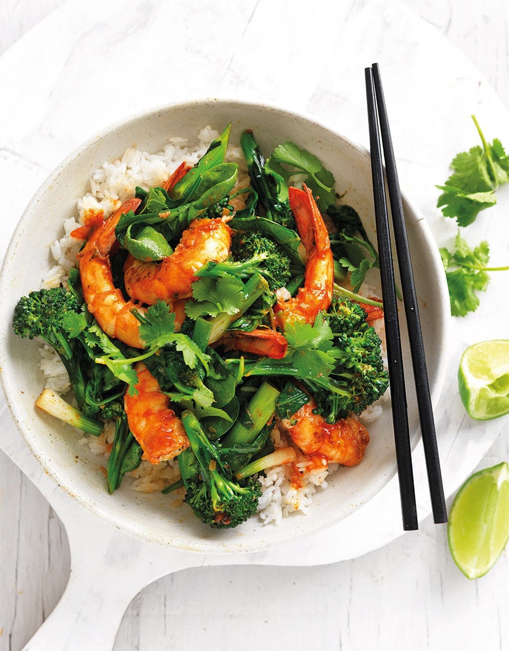 Broccolini, coriander & sriracha prawn stir-fry