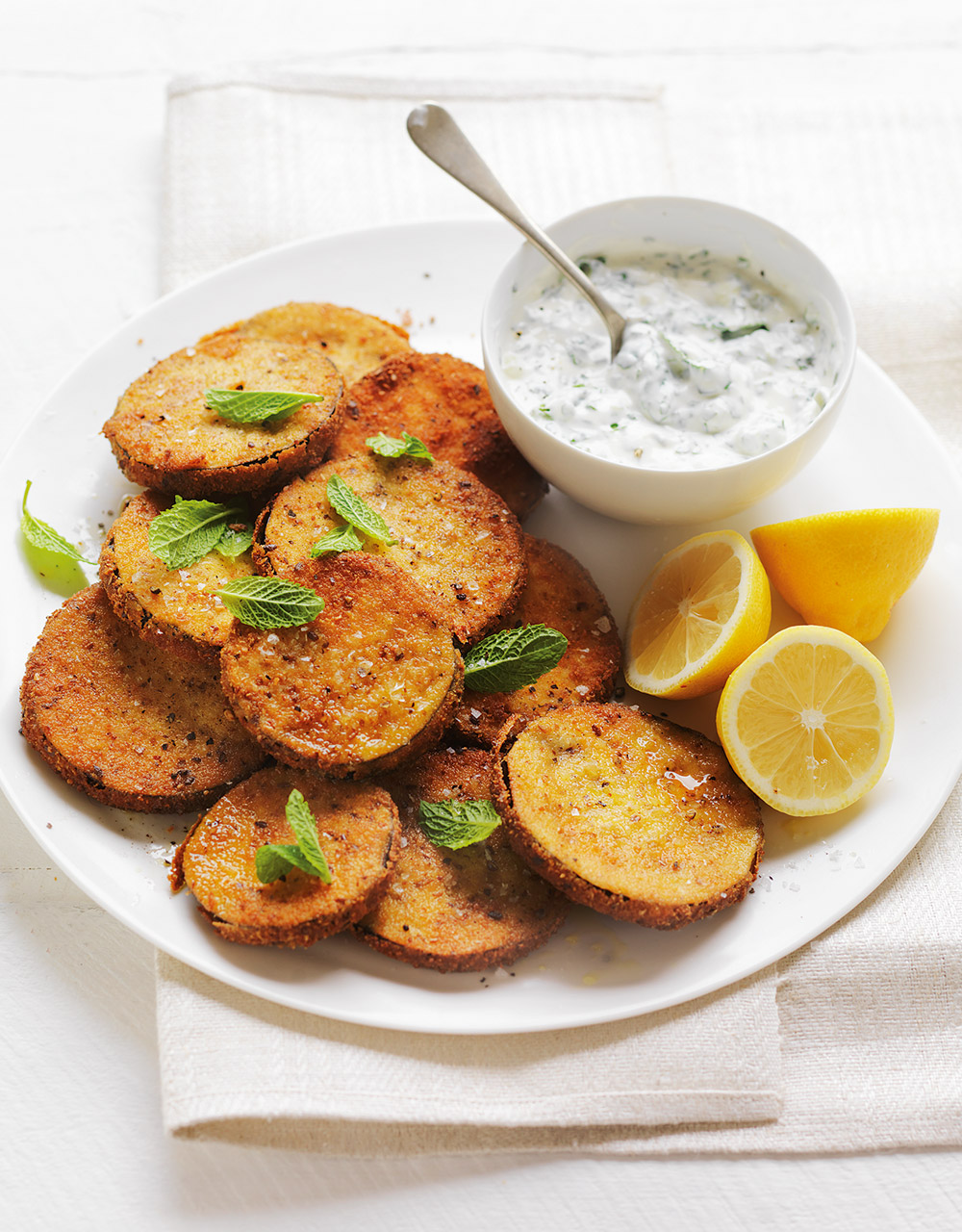 Crumbed eggplant with easy minted tzatziki