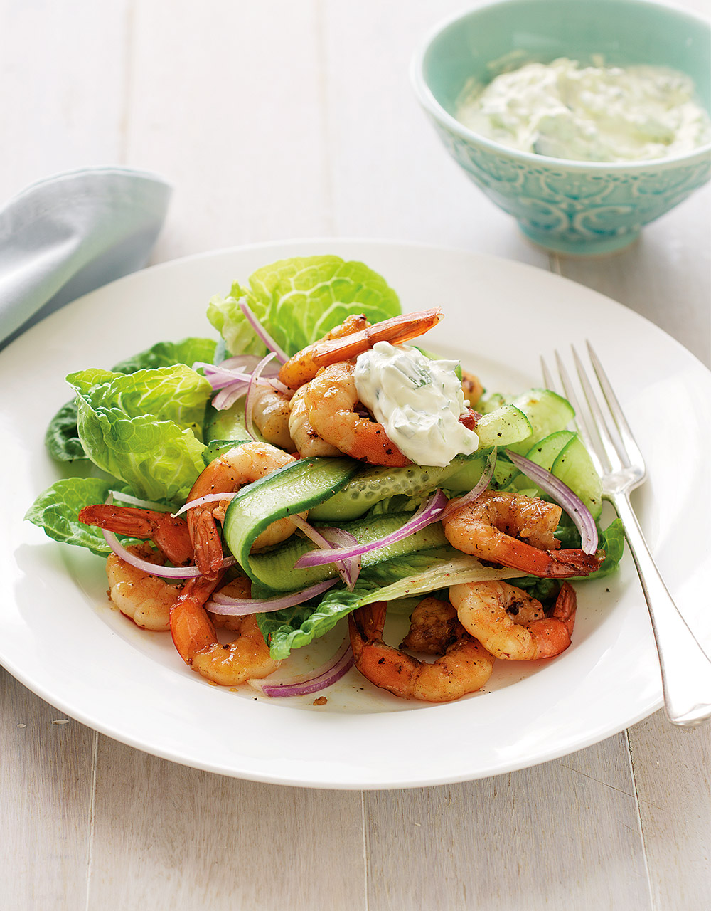Garlic & lemon prawns with cucumber salad