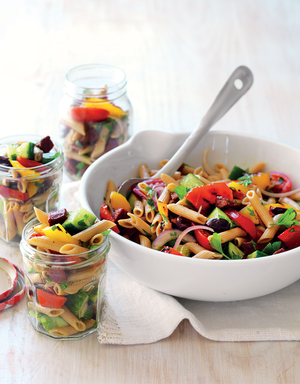 Grilled capsicum, tomato & chorizo pasta salad