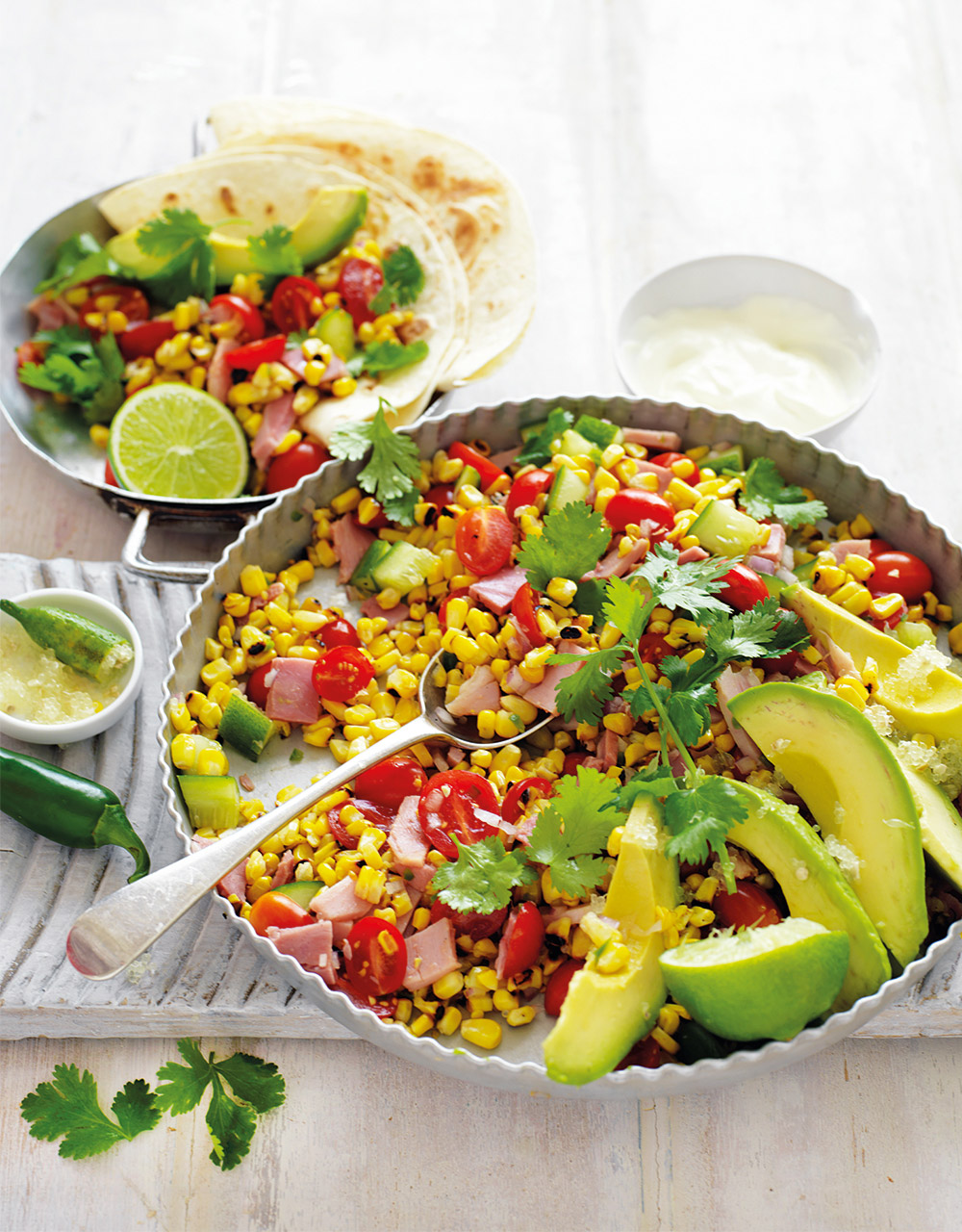 Mexican grilled sweetcorn, avocado & ham salad