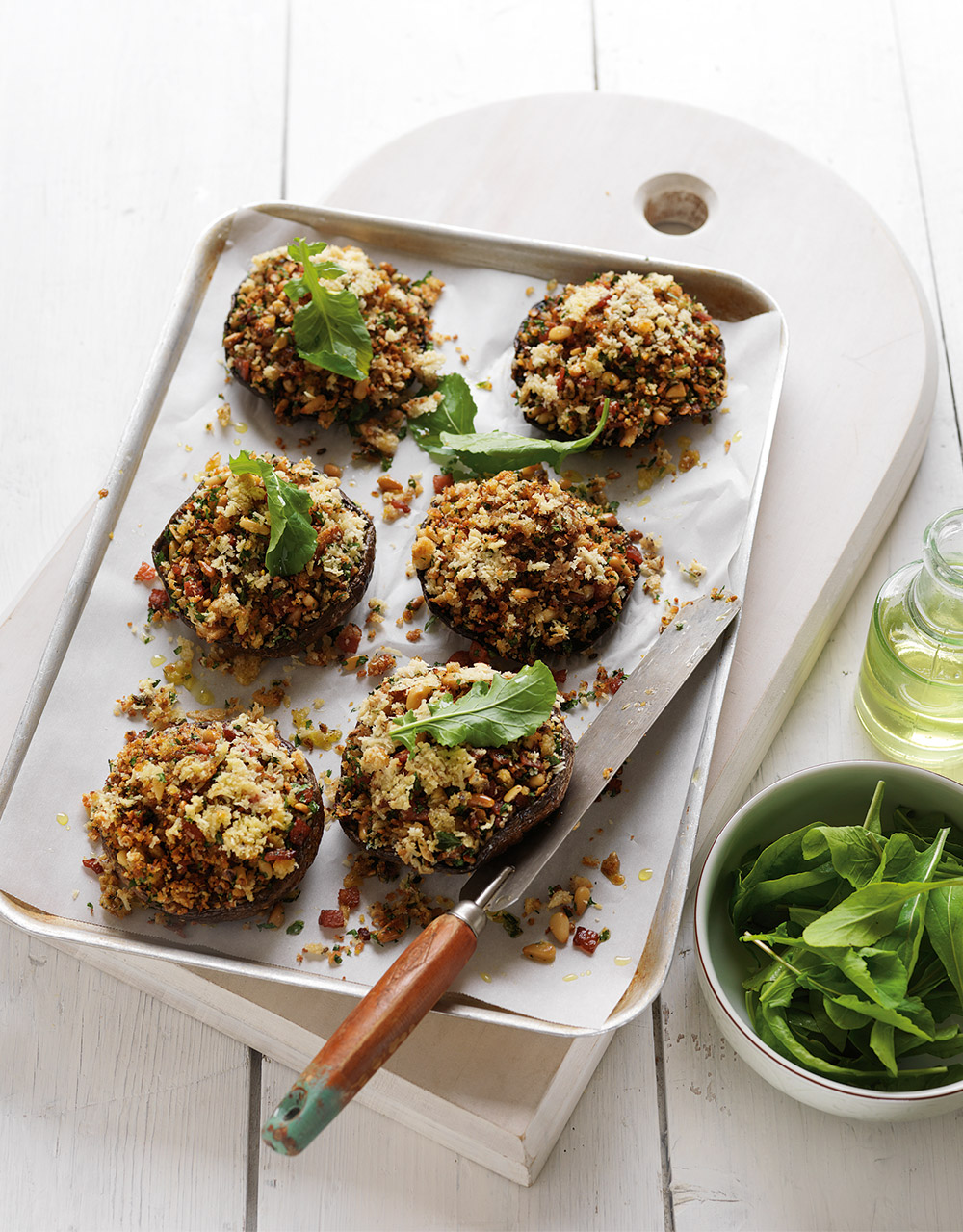 Mushrooms with bacon & pine nut crumbs