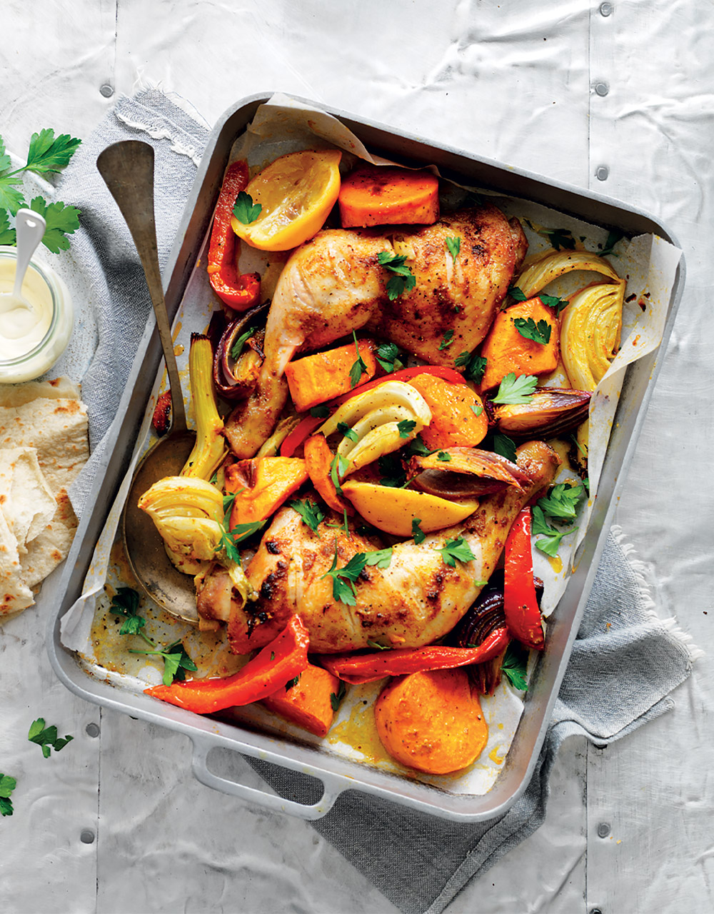Spiced kumara, fennel & chicken tray bake